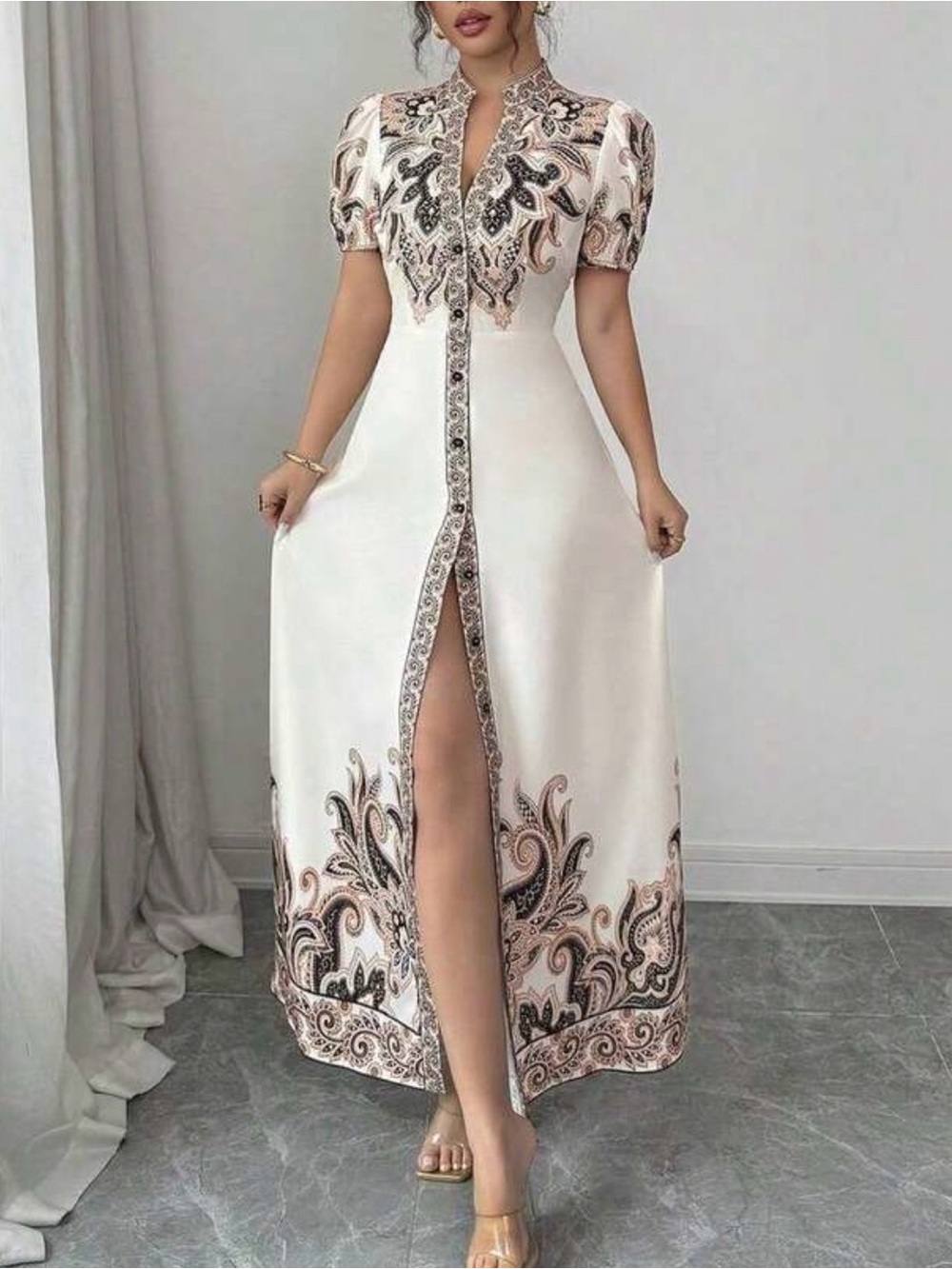Boho Floral Print Button Down Puff Sleeve Maxi Dress